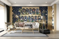 Botanical wall mural with white roses and lilies on a deep blue background.