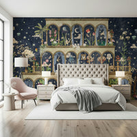 Floral nightscape garden on blue wallpaper for a moody botanical aesthetic.