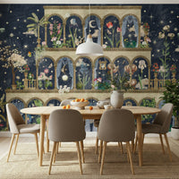 Large scale floral wall mural showing white garden flowers at night.