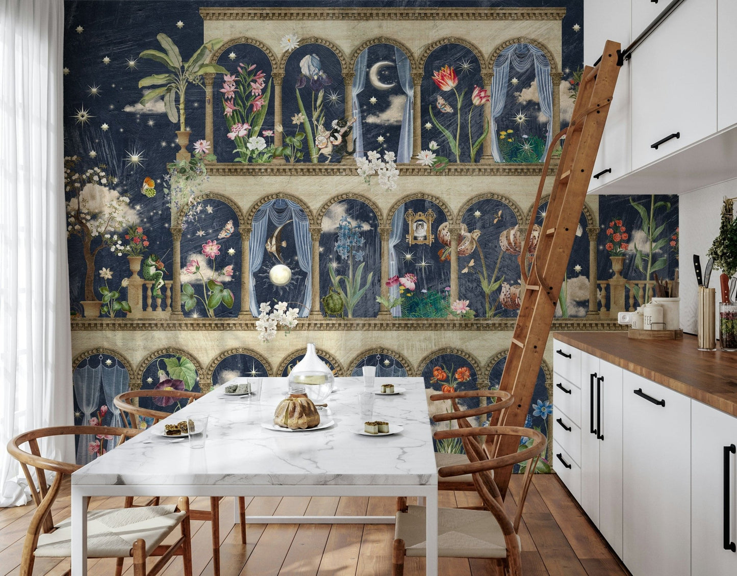 Sophisticated floral nightscape garden wallpaper with rich botanical details.