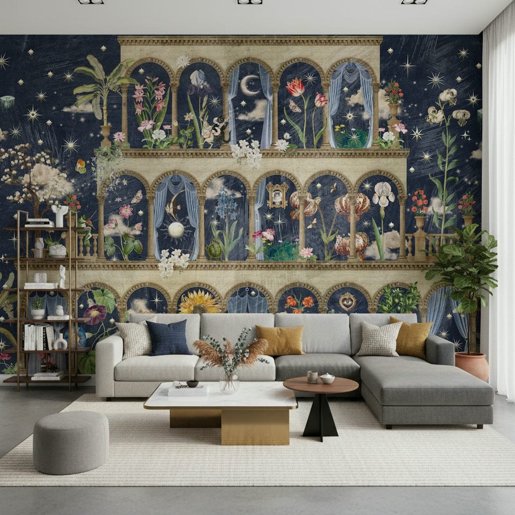 Midnight blue wall mural with a garden of glowing white wildflower petals.