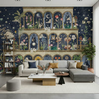 Midnight blue wall mural with a garden of glowing white wildflower petals.