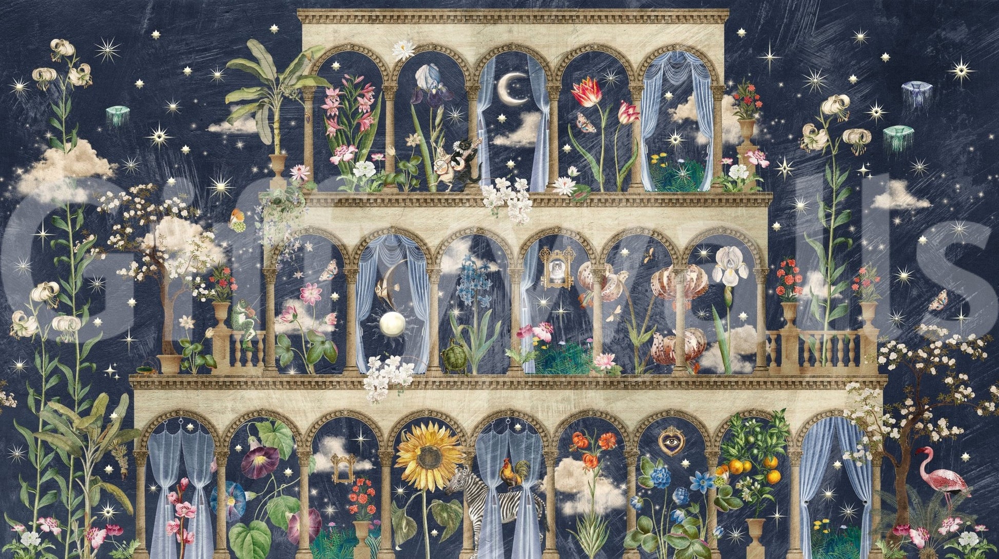 Moody blue wallpaper with a dense garden of evening meadow blooms.