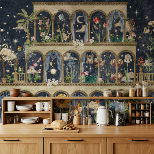 Dark navy wallpaper featuring a lush garden of pale pink night flowers.