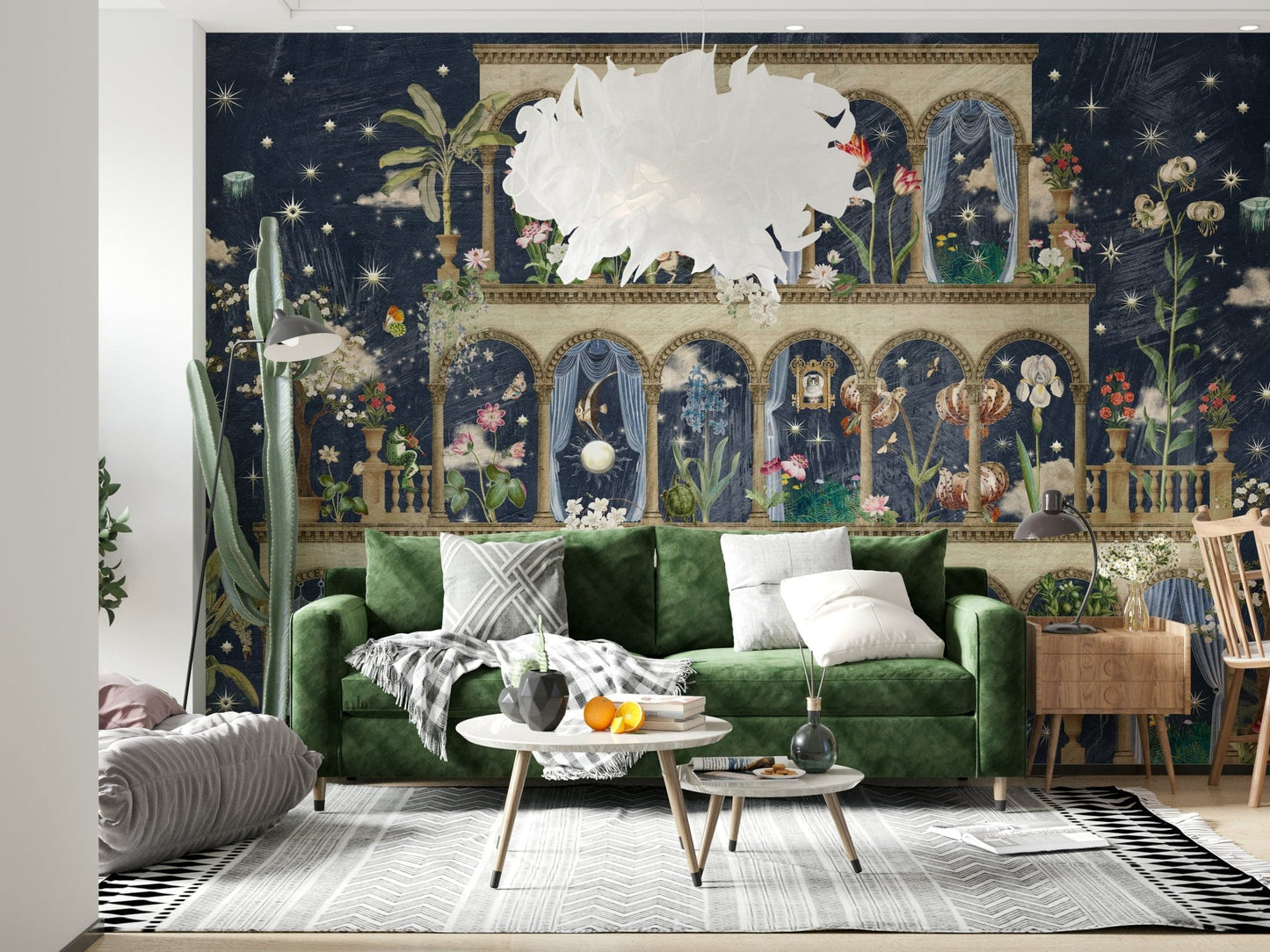 Detailed vintage floral wallpaper with a dark navy midnight sky theme.