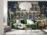 Detailed vintage floral wallpaper with a dark navy midnight sky theme.
