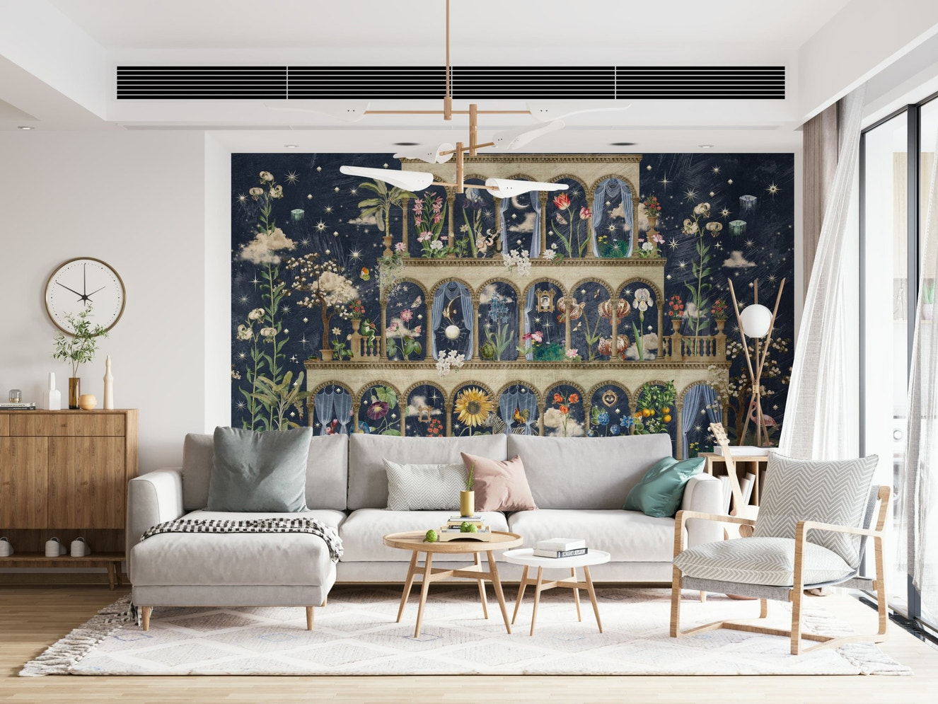 Floral nightscape garden on blue wall mural with white moonlight blossoms.