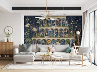 Floral nightscape garden on blue wall mural with white moonlight blossoms.