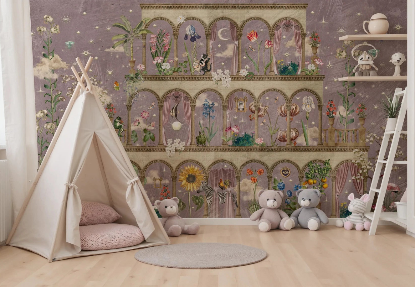 Nursery with Floral Nightscape Garden on Pink wall mural and teepee corner