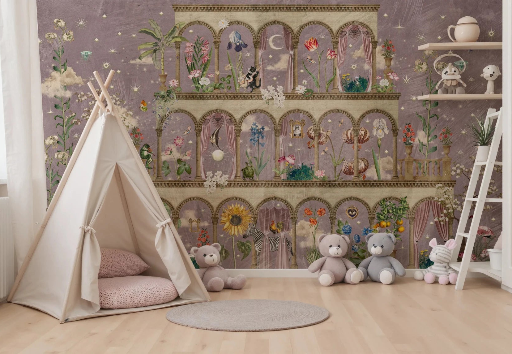 Nursery with Floral Nightscape Garden on Pink wall mural and teepee corner, GD8648