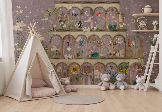 Nursery with Floral Nightscape Garden on Pink wall mural and teepee corner, GD8648
