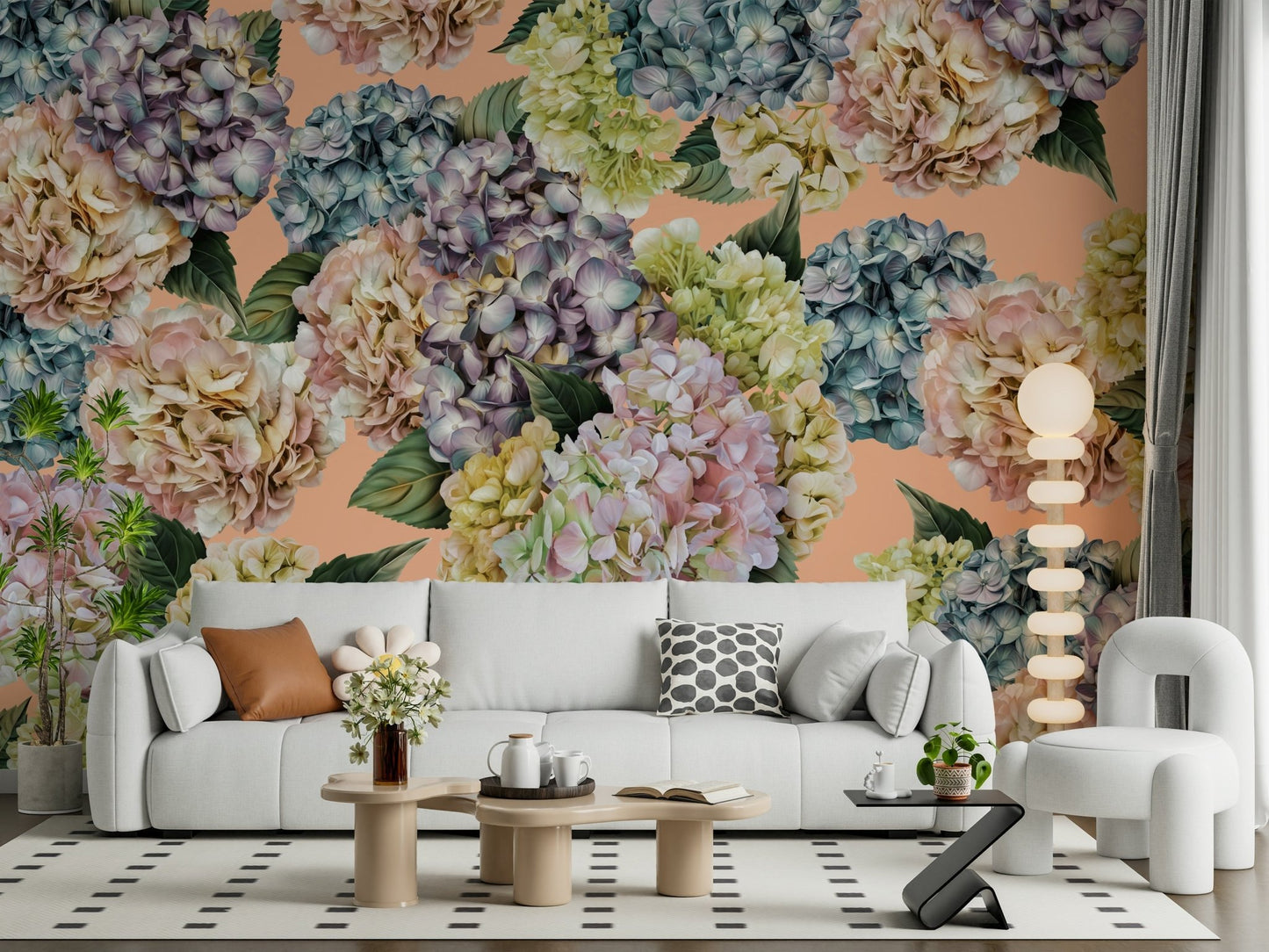 A contemplative floral pattern wallpaper mural for a feature wall.