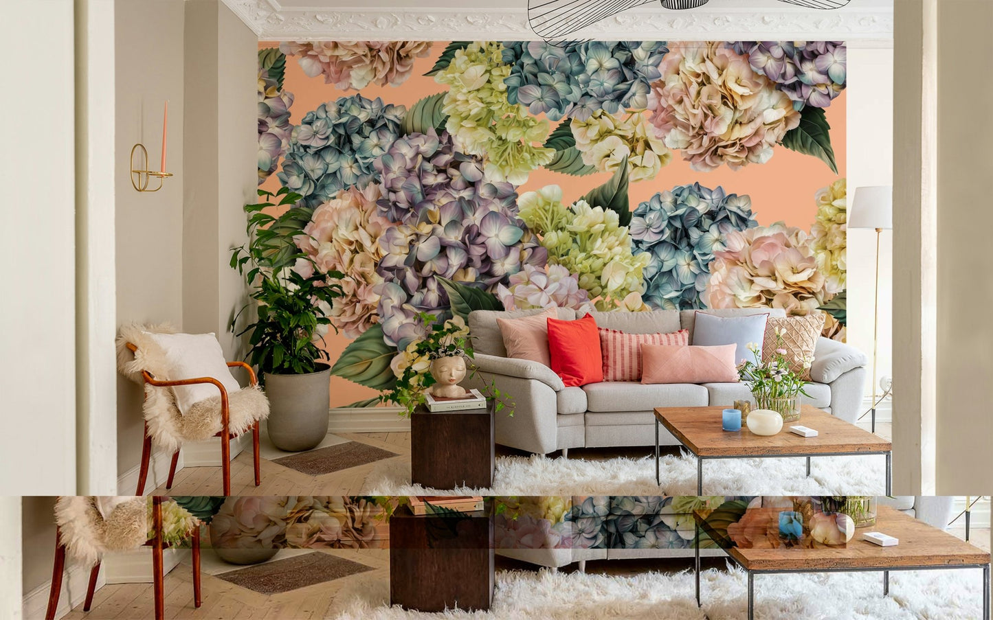 A graceful subtle bloom wall mural in soft, pastel tones.