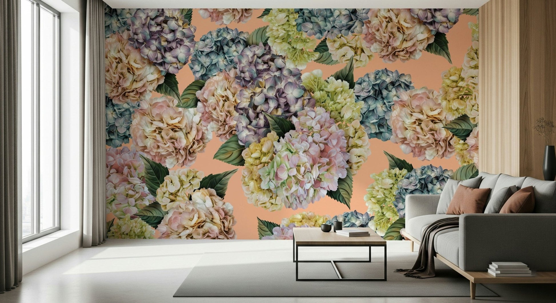 An artistic delicate bloom mural on minimalist wallpaper.