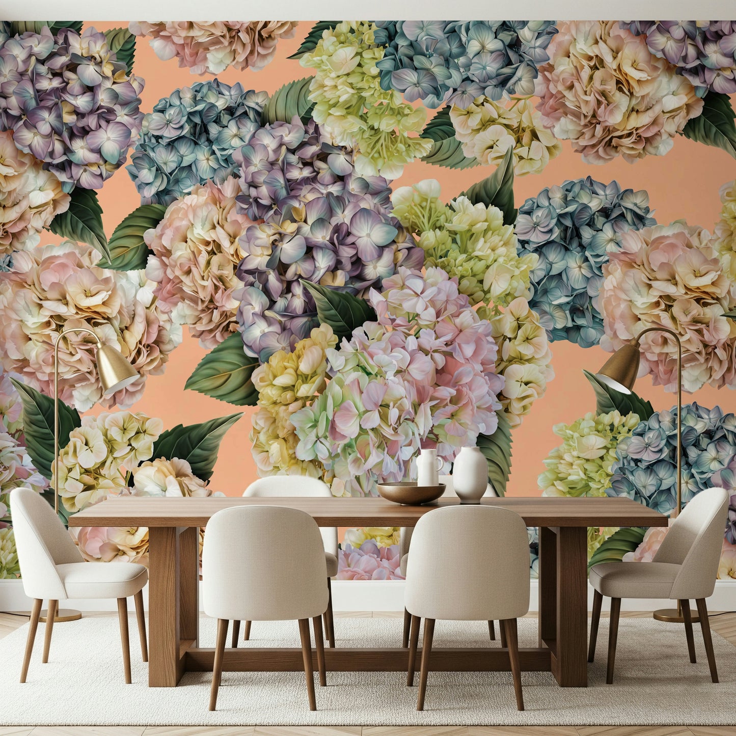A peaceful flower design mural on decorative wallpaper.