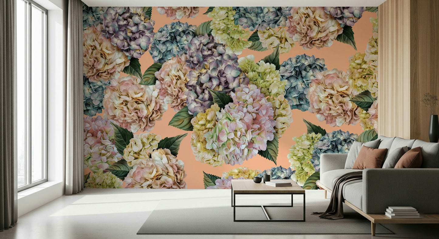 An artistic delicate bloom mural on minimalist wallpaper.