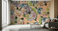 An artistic delicate bloom mural on minimalist wallpaper.