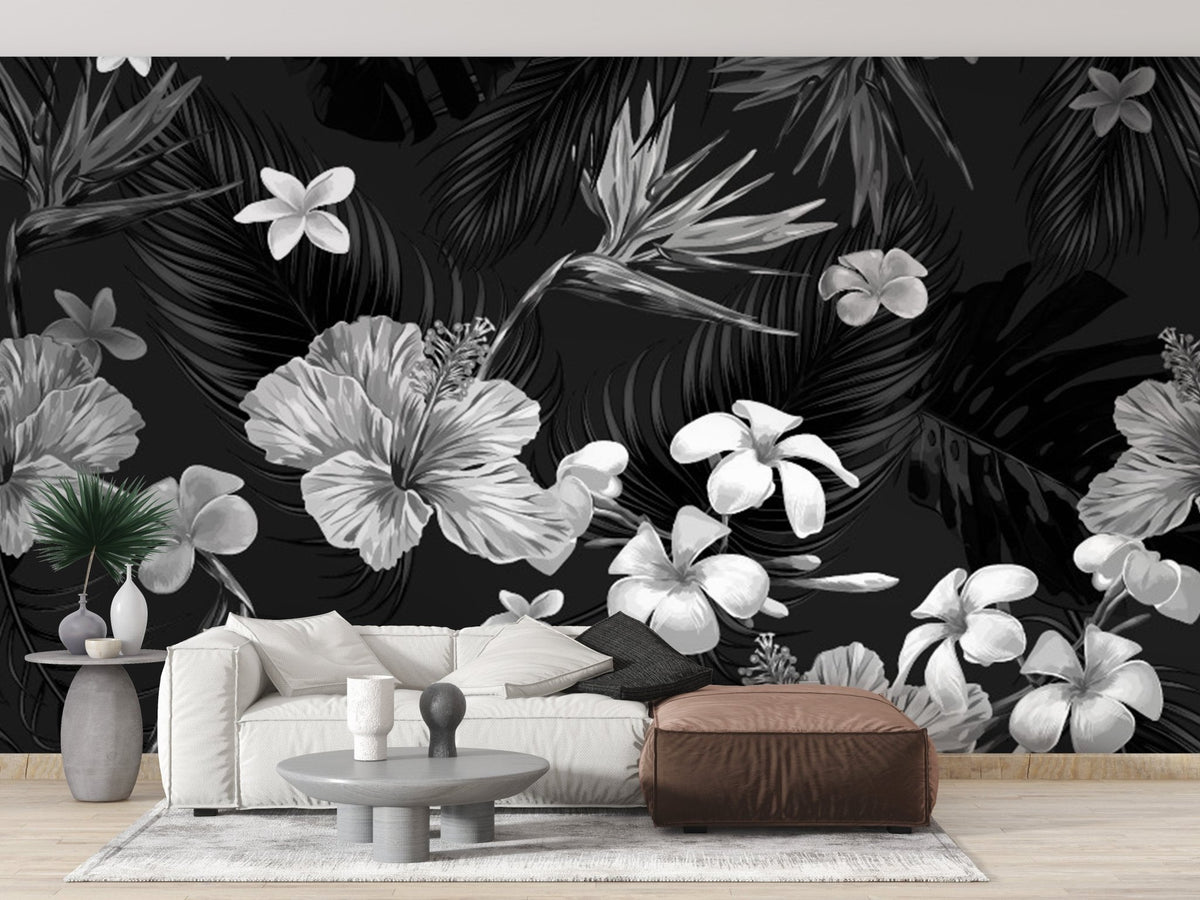 black and white floral wallpaper A909
