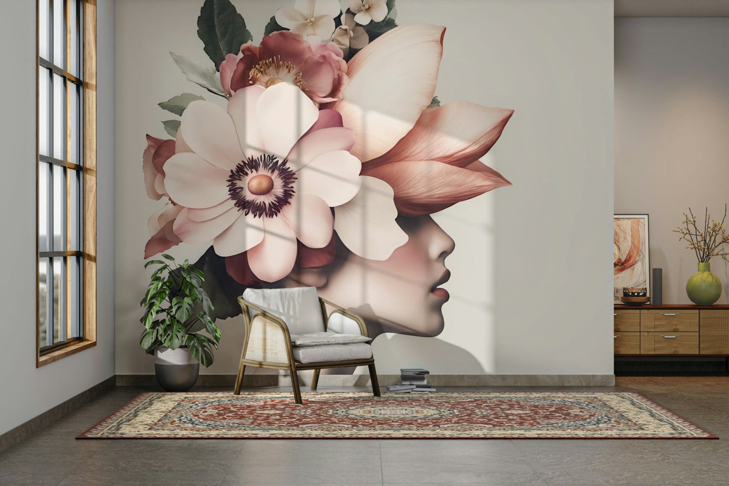 An angled shot of a wall with floral and face wallpaper

