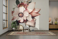 An angled shot of a wall with floral and face wallpaper

