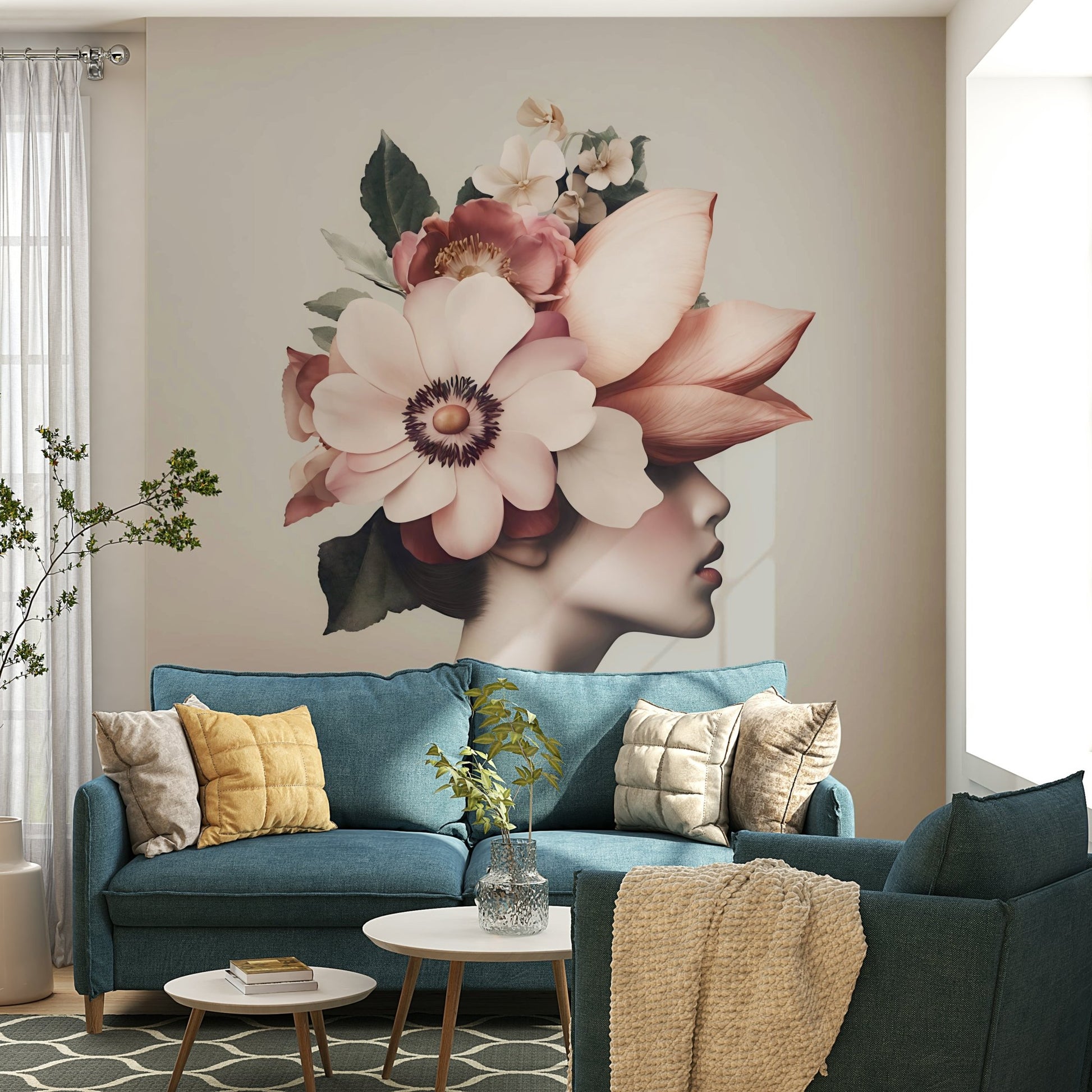 A dressing area with a serene and elegant floral design

