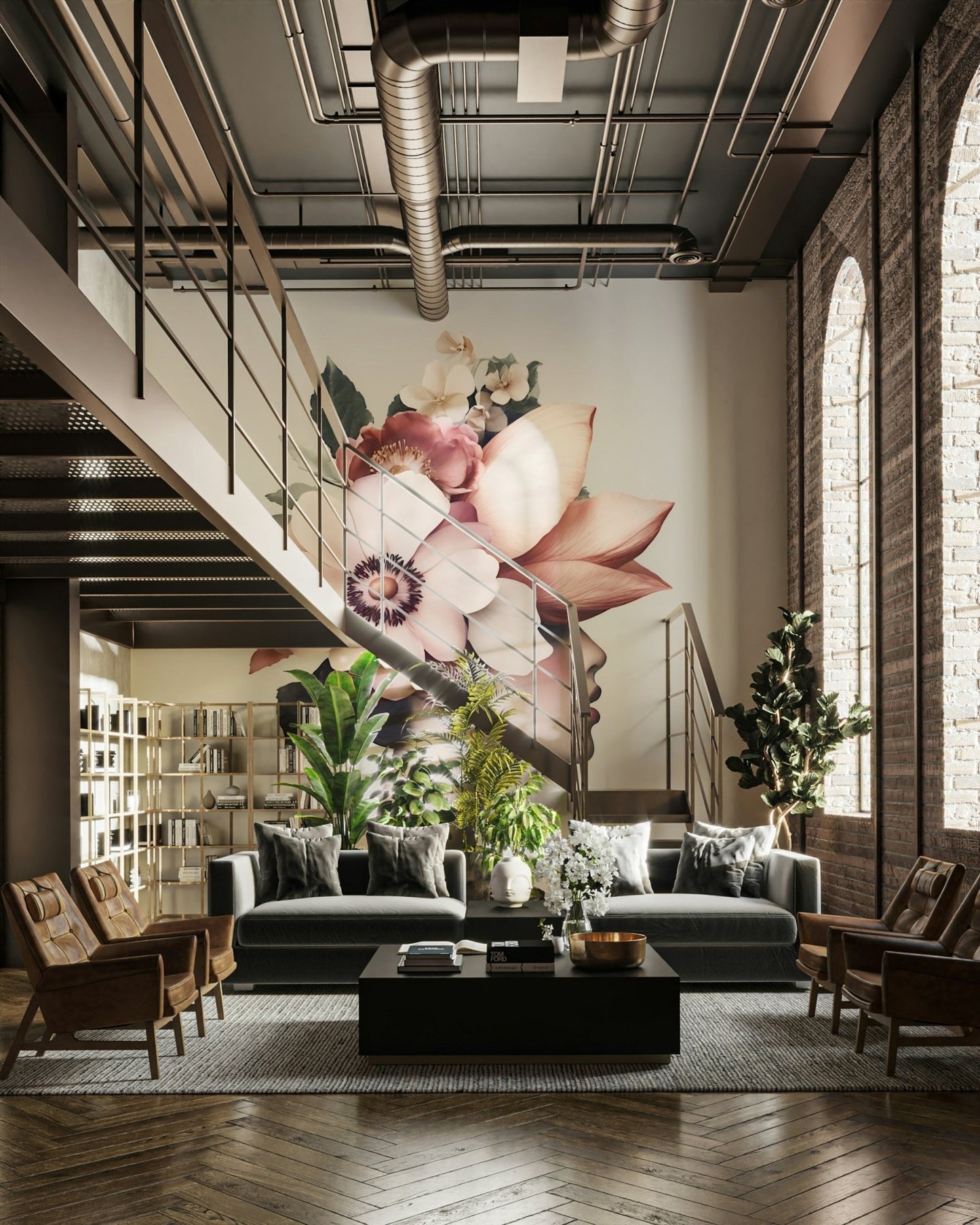 Wallpaper with a sophisticated floral and portrait design

