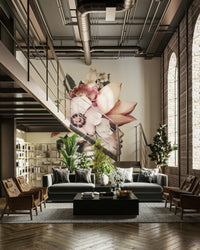 Wallpaper with a sophisticated floral and portrait design

