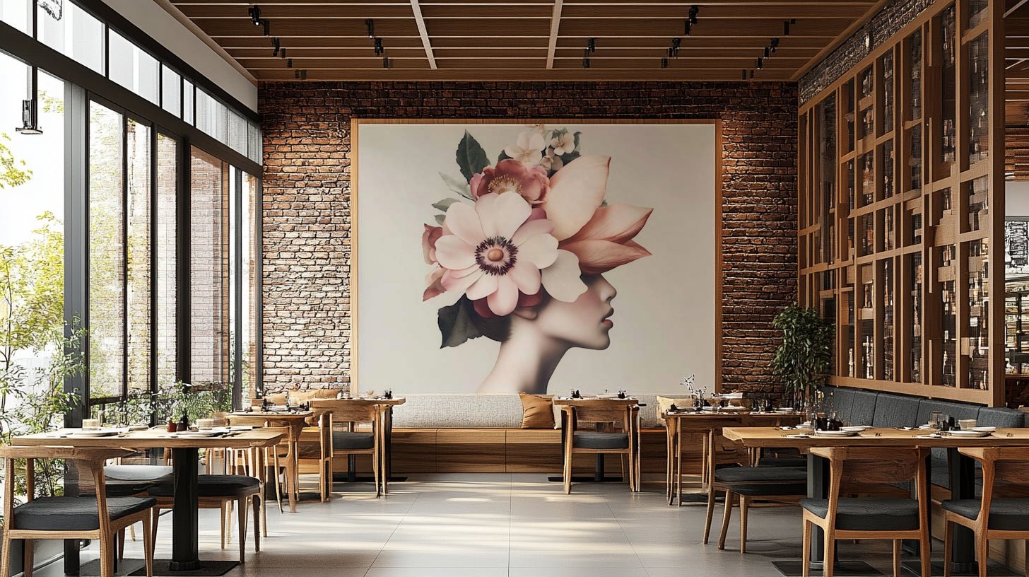 A living room decorated with a beautiful mural

