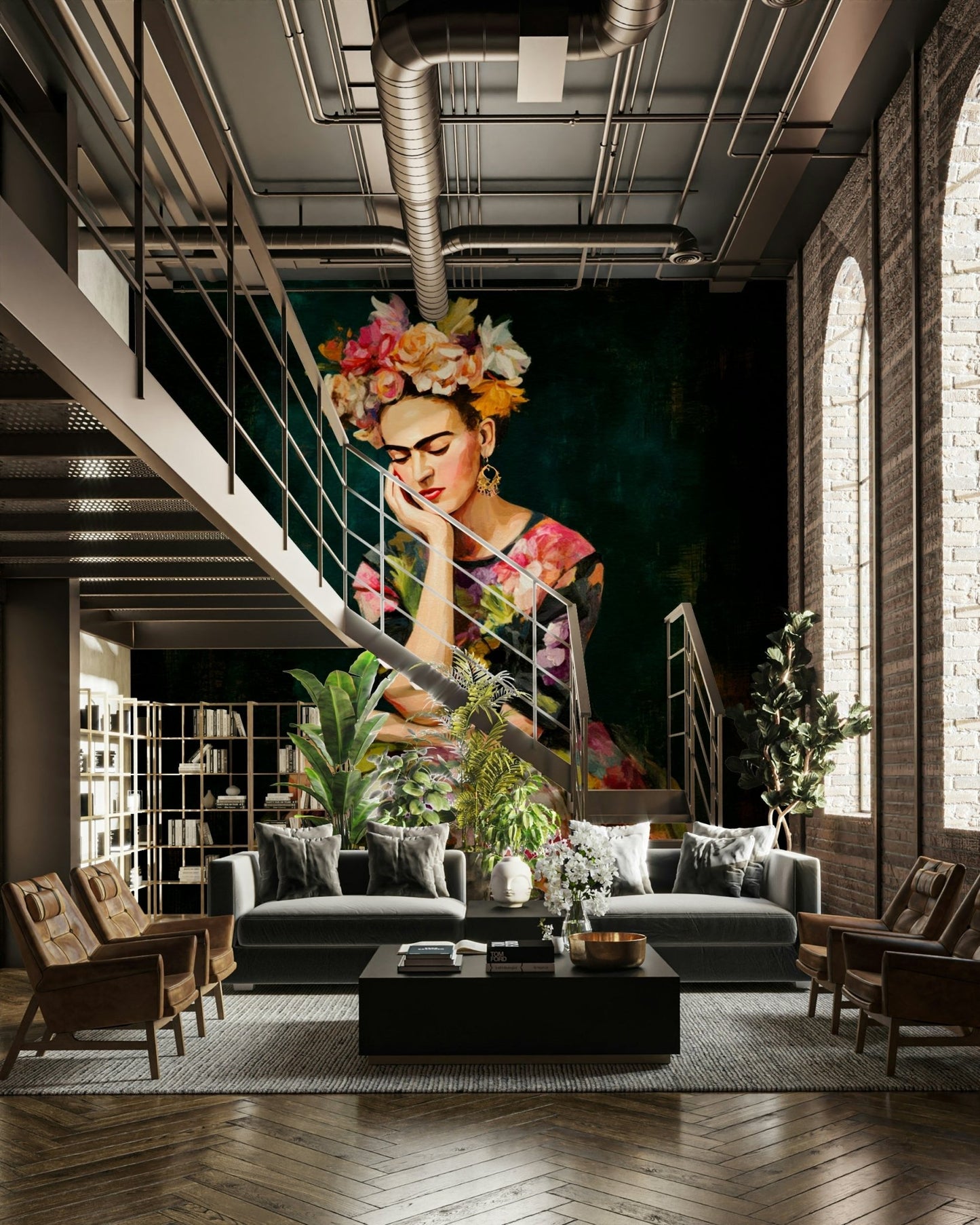 Floral mural of famous Mexican muse with vivid colors

