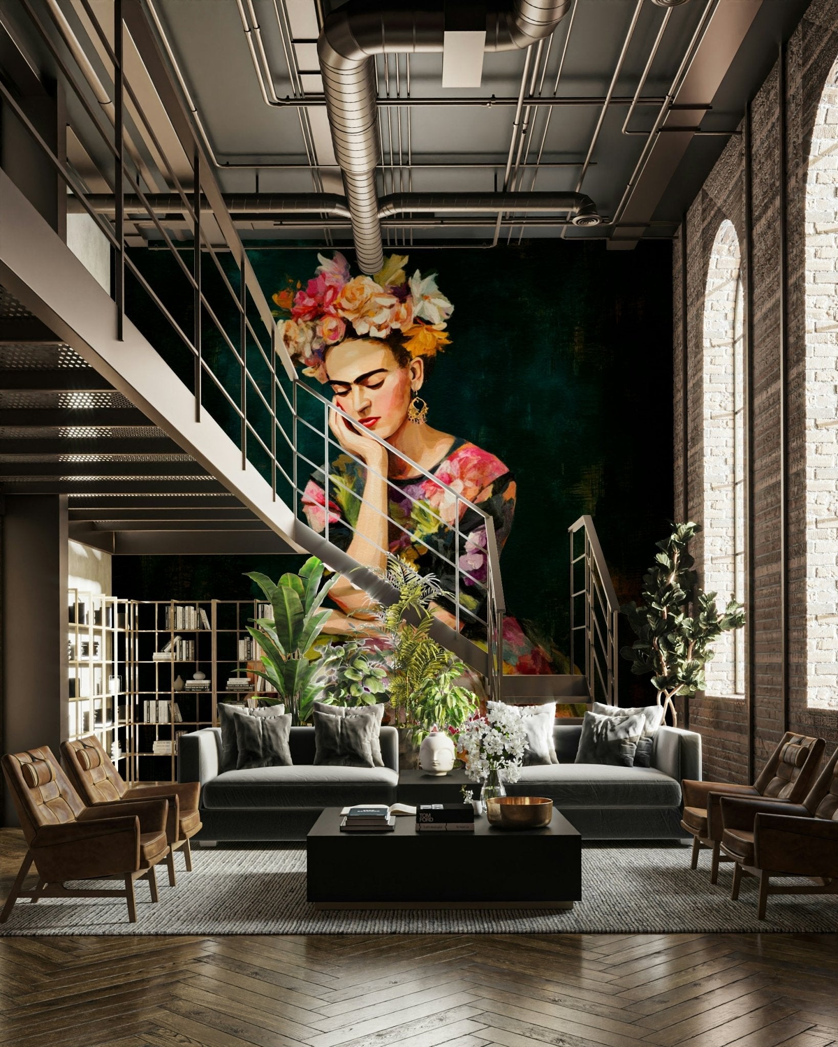 Floral mural of famous Mexican muse with vivid colors, GD2137