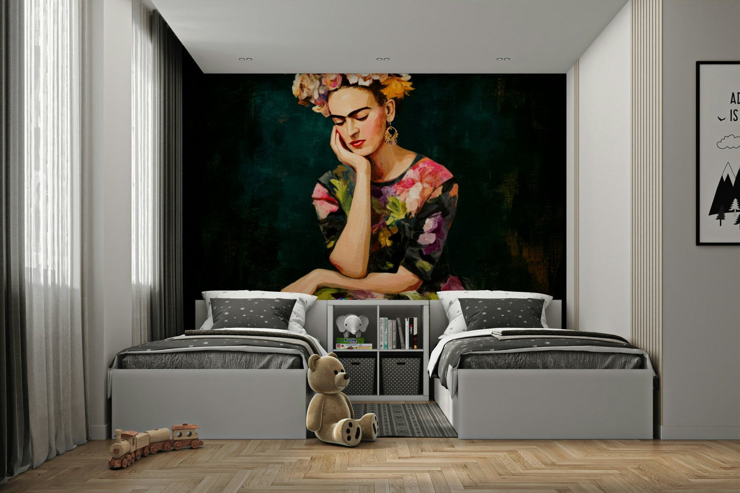 Crowned female portrait with tropical botanical background

