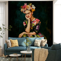 Close-up of floral portrait mural in vibrant tones

