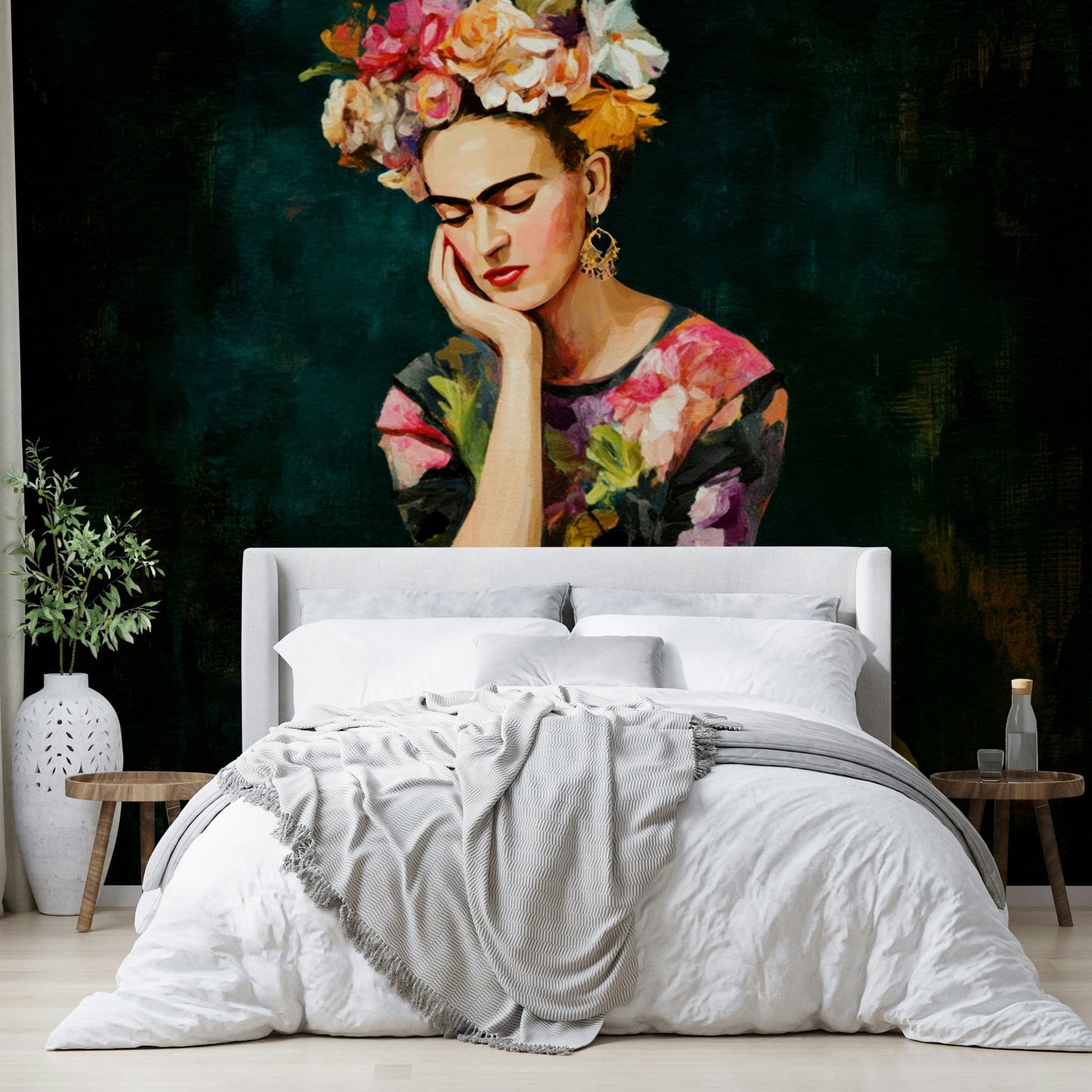 Bold portrait with traditional flower crown design

