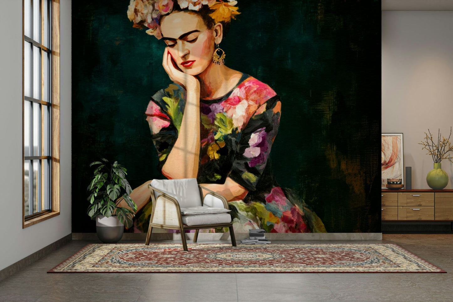 Eclectic room with bold Mexican cultural mural

