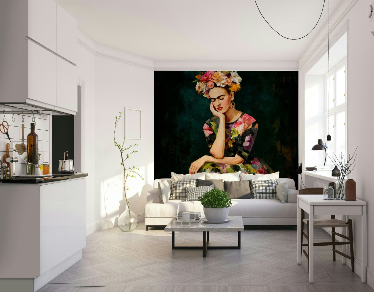 Wall mural inspired by Frida Kahlo with floral accents

