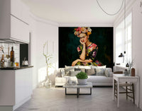 Wall mural inspired by Frida Kahlo with floral accents

