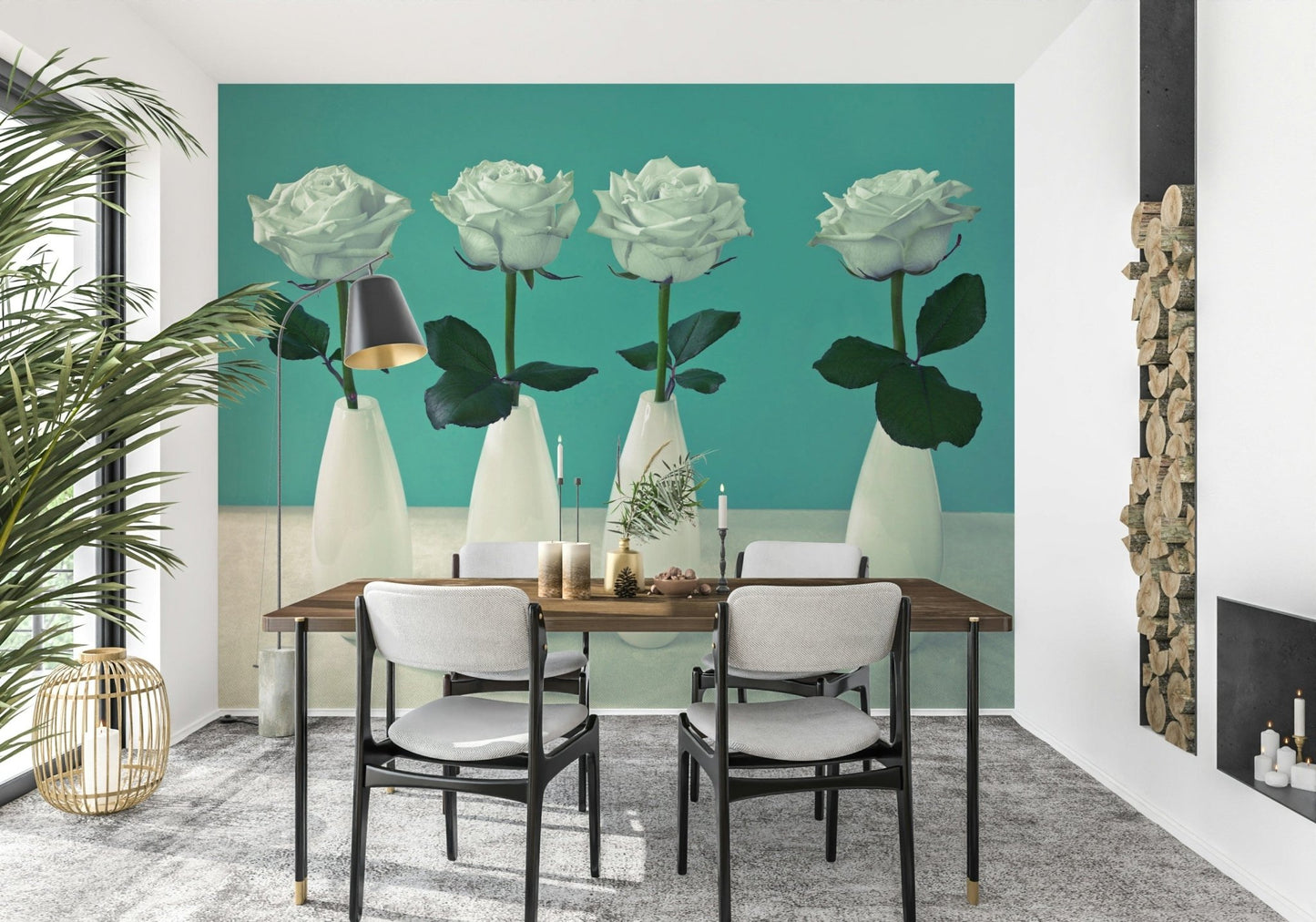 Four white rose buds wallpaper mural ceramic vases elegant.