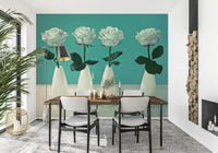 Four white rose buds wallpaper mural ceramic vases elegant.
