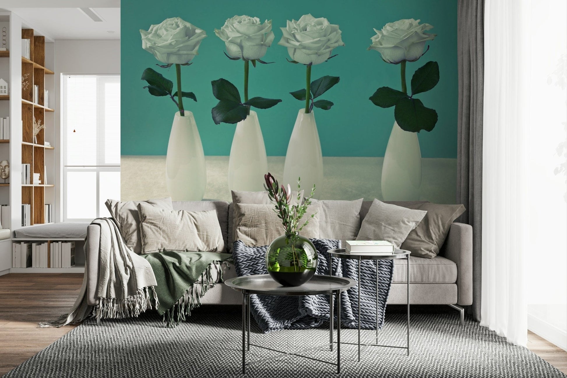 Chic white rose vases peel and stick wallpaper unique pattern.