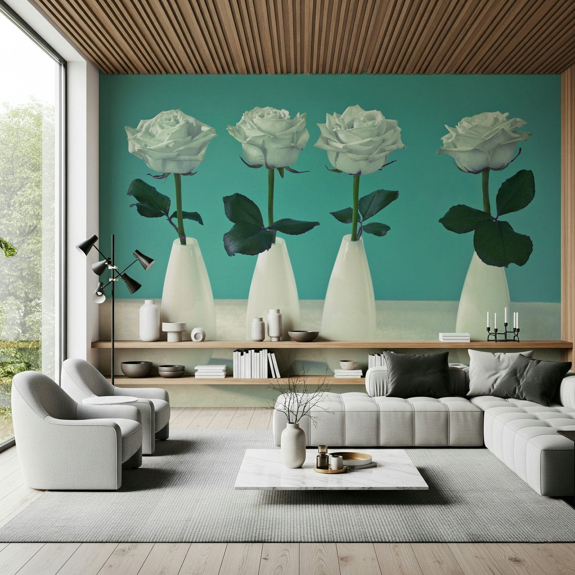 Floral Quartet white roses vase wallpaper for walls decor.