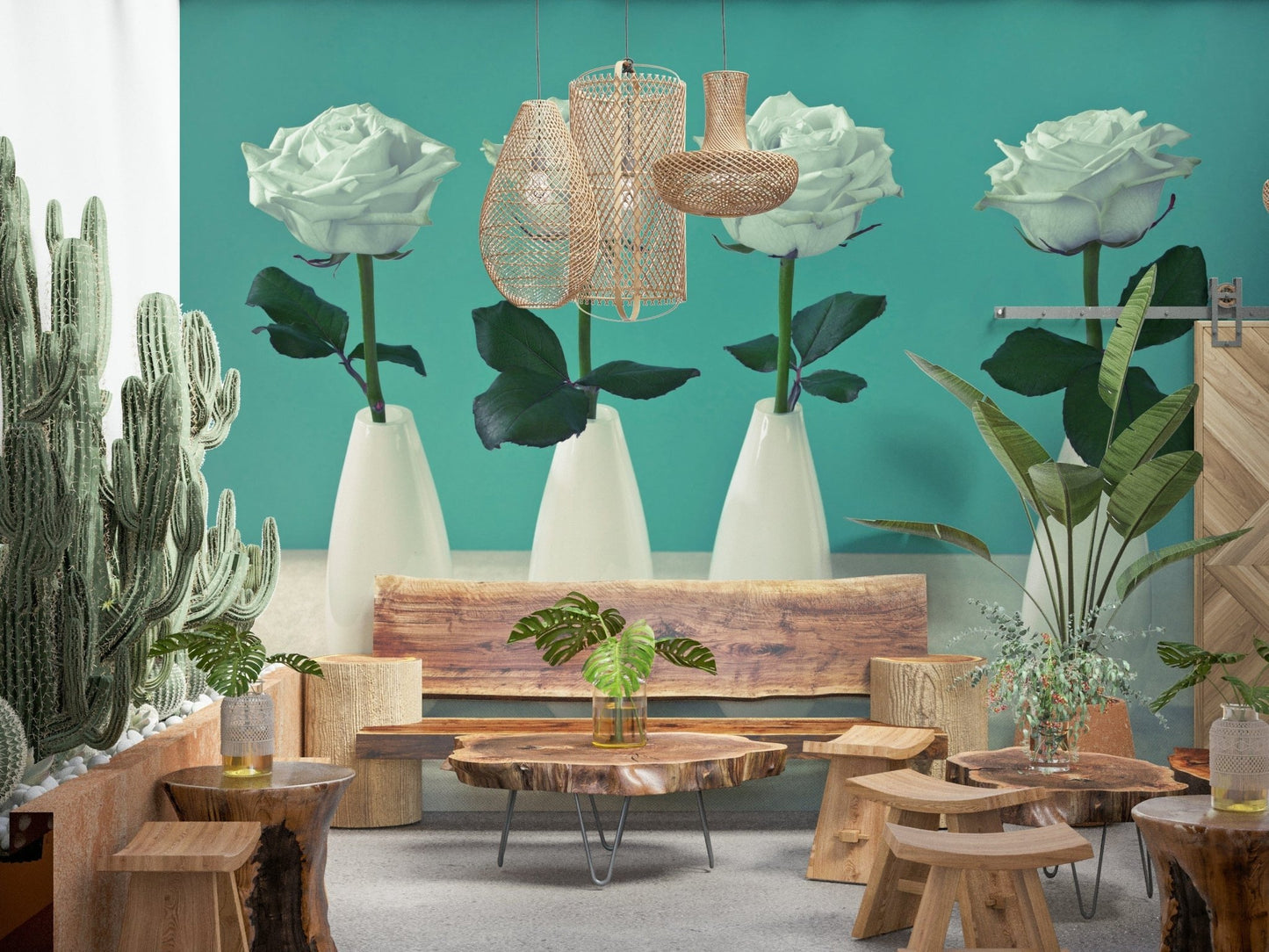 Vibrant white roses four stems wallpaper for walls artistic floral.