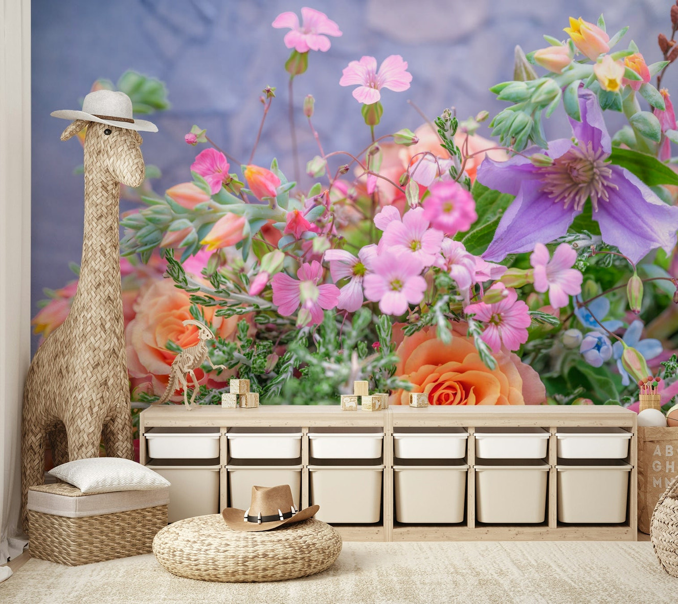 A wall mural of a painting of flowers.

