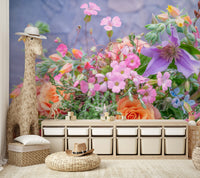 A wall mural of a painting of flowers.

