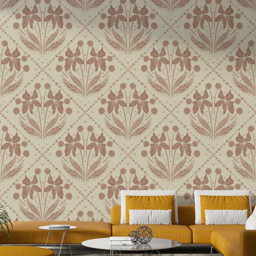 Warm-toned mural wallpaper with flowers
