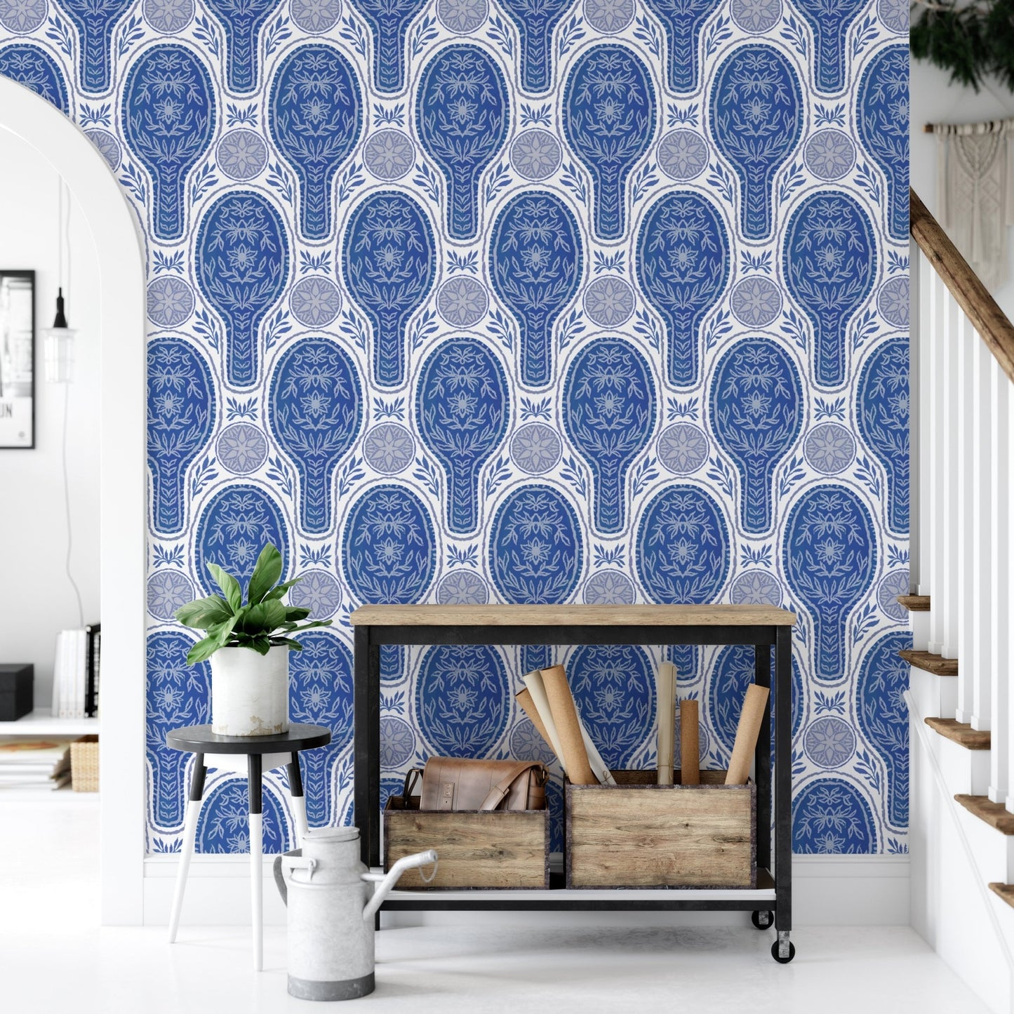 Unique blue floral rockets wallpaper for a creative wall design. RNM36
