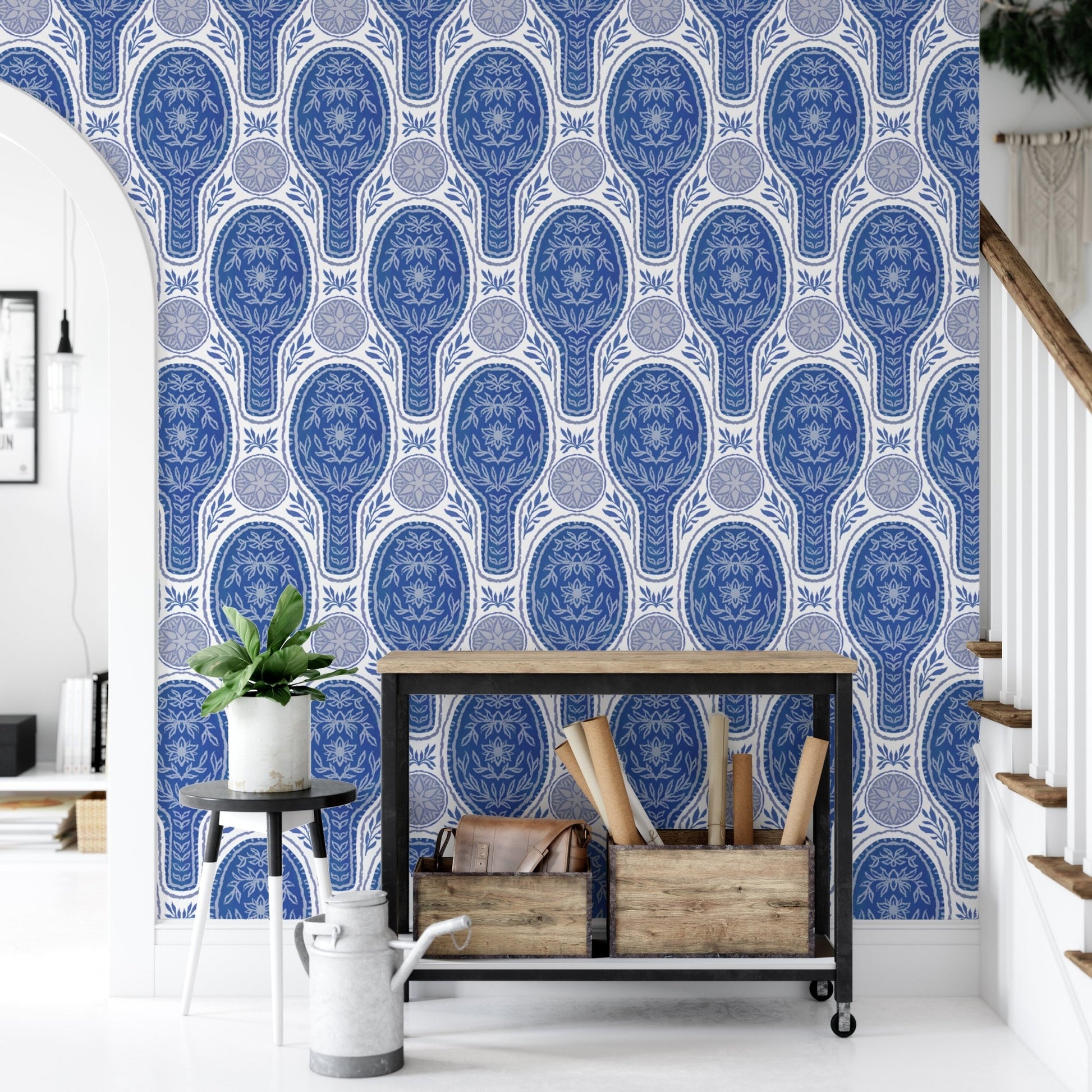 Unique blue floral rockets wallpaper for a creative wall design. RNM36
