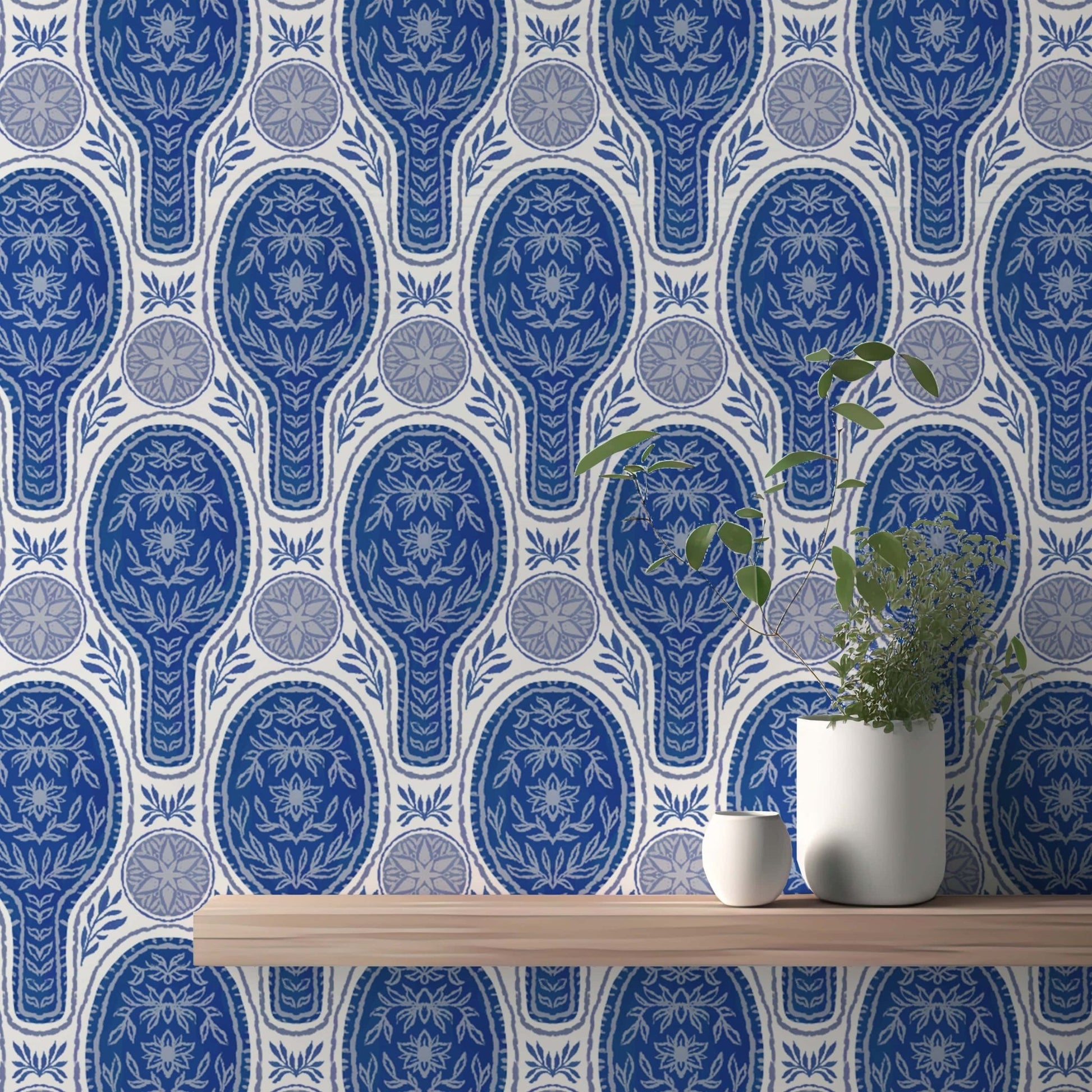 Sophisticated blue floral rockets wallpaper for a bold accent wall. RNM36
