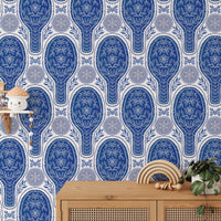 Whimsical floral rockets blue wallpaper for playful interiors. RNM36
