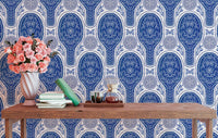 Charming floral rockets wallpaper in blue for kids’ or fun decor. RNM36
