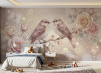 Elegant birds wallpaper mural in blush floral theme